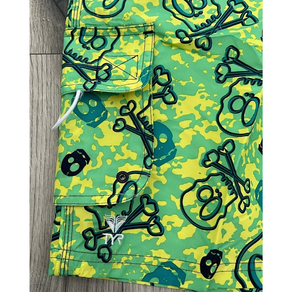 TYR Boys Skull Crossbone Challenger Swim Trunks - Yellow Green - Size XL 16-18